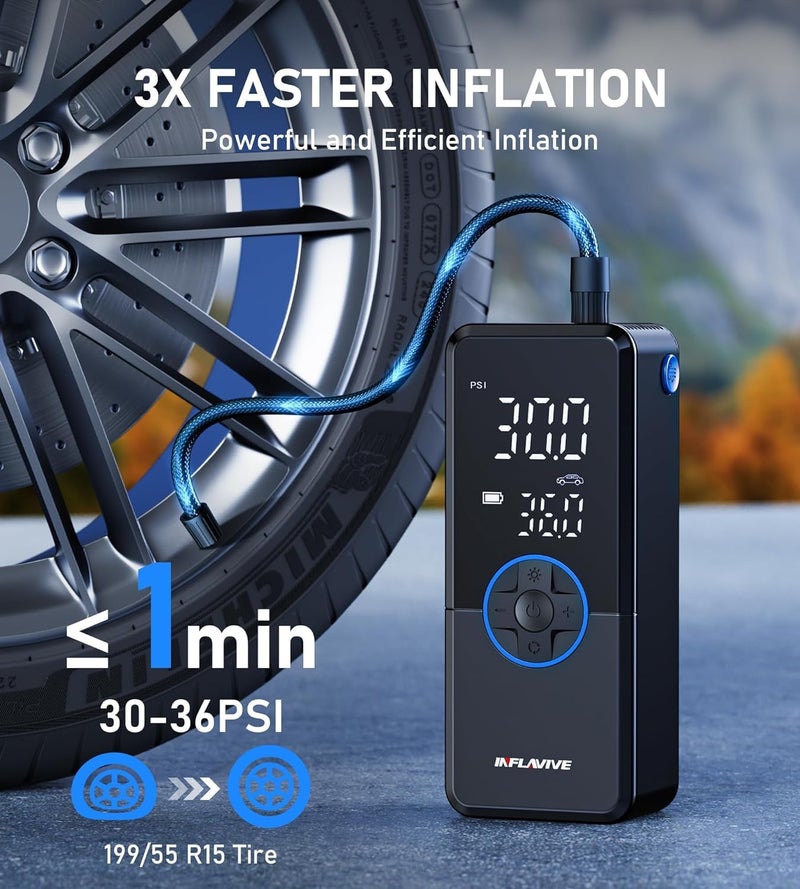InflaVive Tire Inflator Portable Air Compressor,150PSI Faster Inflation Cordless Tire Air Pump with Digital Gauge,Auto Shut-Off,LED Light,Electric Air Pump for Car Tires,SUV, Motorcycle, Bike, Balls（Blue) - Image 2